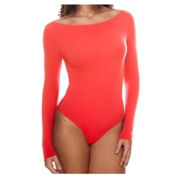 INLYRIC NWT Small Natrelax Long Sleeve Boat Neck Thong Bodysuit Dark Red - Picture 1 of 8